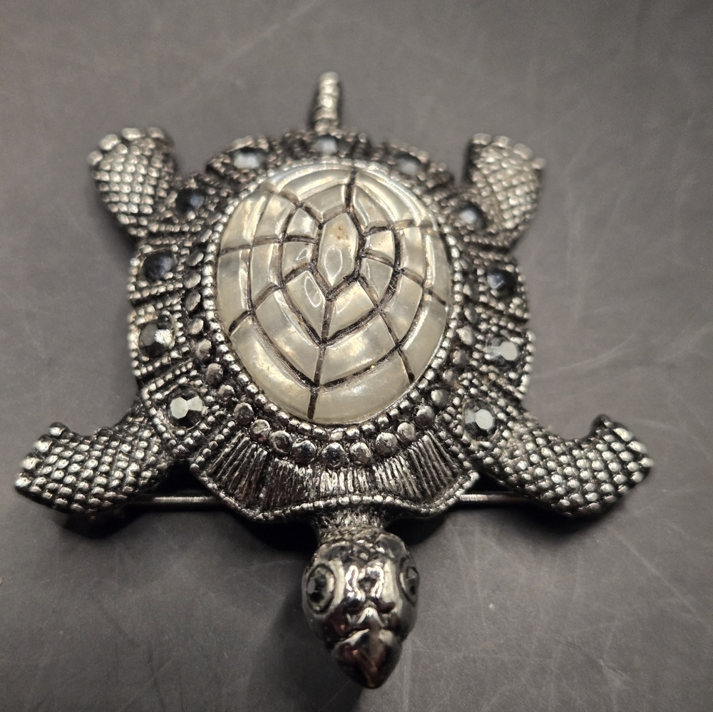 Vintage Turtle Brooch | Silver-Tone Tortoise Pin w/ Rhinestones & Shell Detail